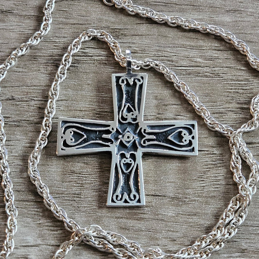 925 Silver Patterned Celtic Cross Pendant, Necklace And Chain. Scottish, 1980.