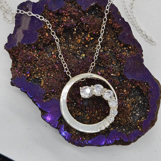 925 Silver & Cubic Zirconia Swirl, Circle Pendant Necklace. 46cm